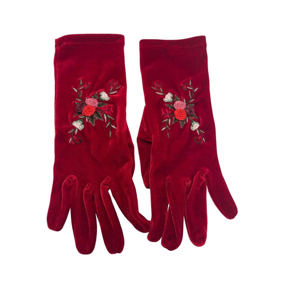 Vtg Lauer Red Velvet Embroidered Floral Dress Gloves‎ Elegant Evening Occasion